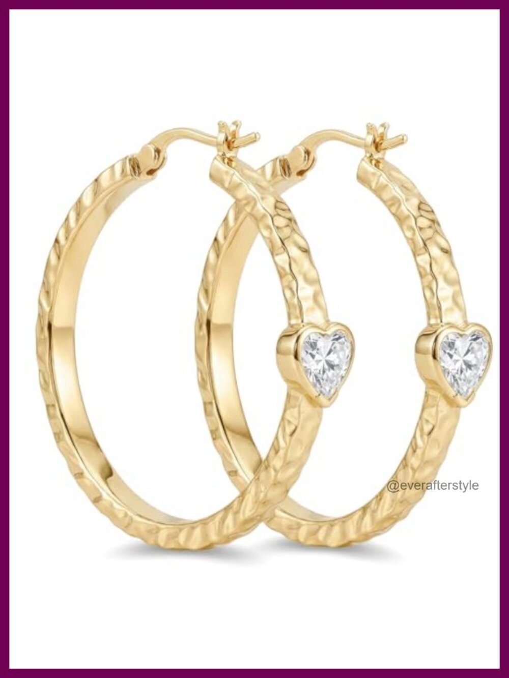 14K Gold Plated Heart CZ Hoop Earrings Textured Lightweight Women's Jewelry Gift